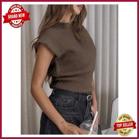 Fuzzy Knit Pullover Sweater Cap Sleeve Crew Neck Fall Casual Tops - Picture 3 of 6